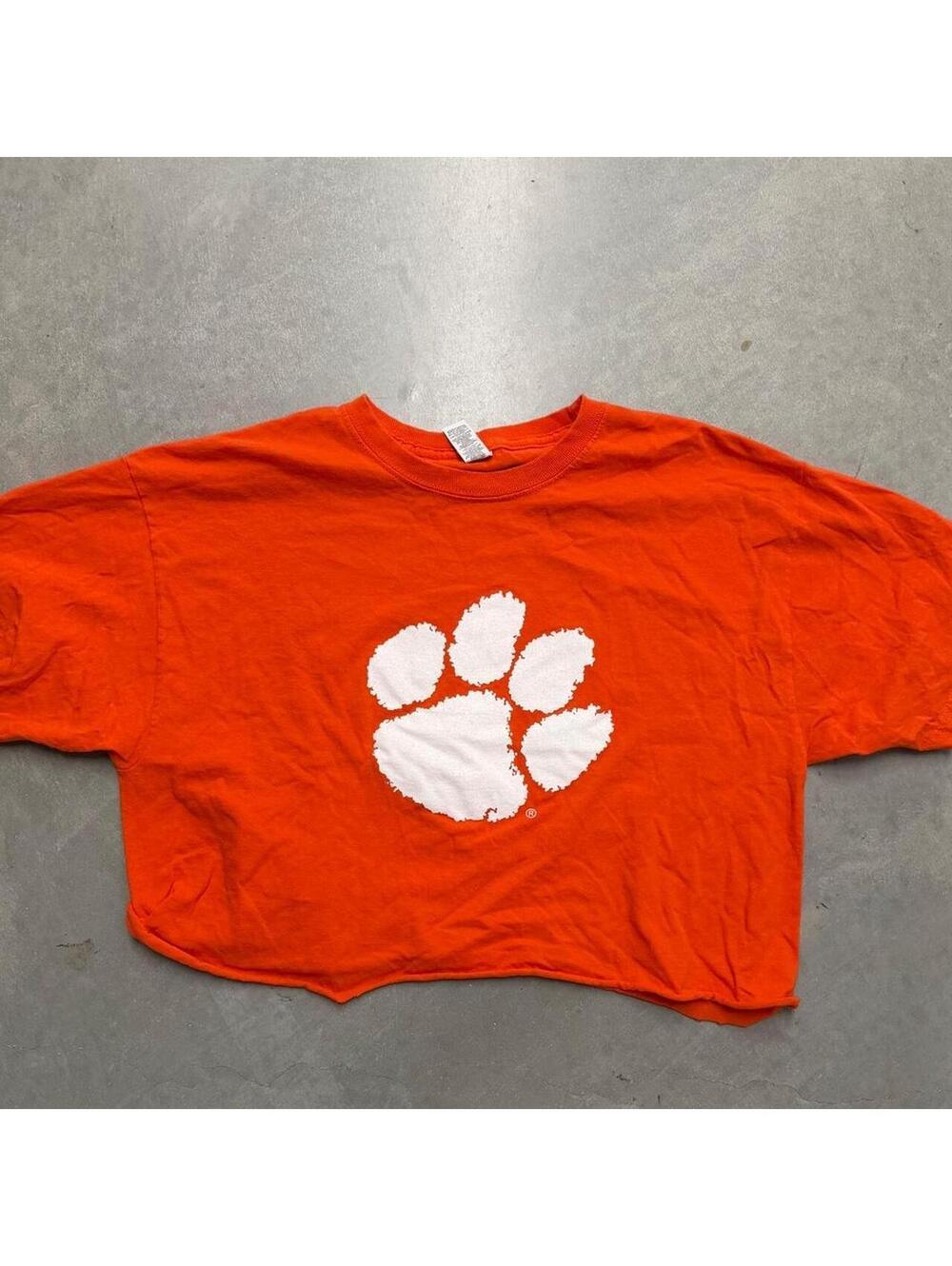 2000s Clemson University Logo Orange Cropped Shirt Large